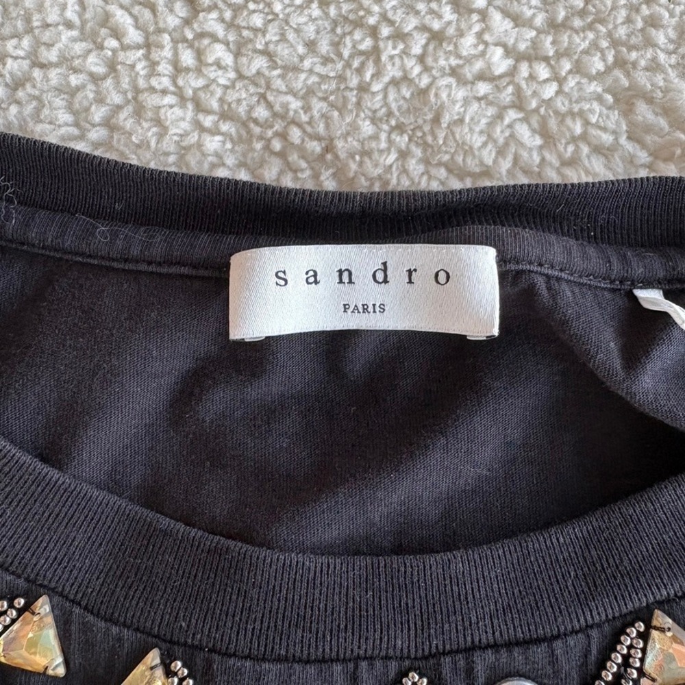 Sandro Paris Black Embellished Beaded Jewel Neck Short Sleeve T-Shirt No Size - Picture 4 of 13
